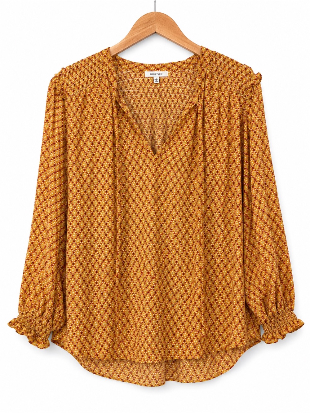 🧡 Max Studio Tie Neck Blouse Large Mustard Boho Smocked Balloon Sleeve Top